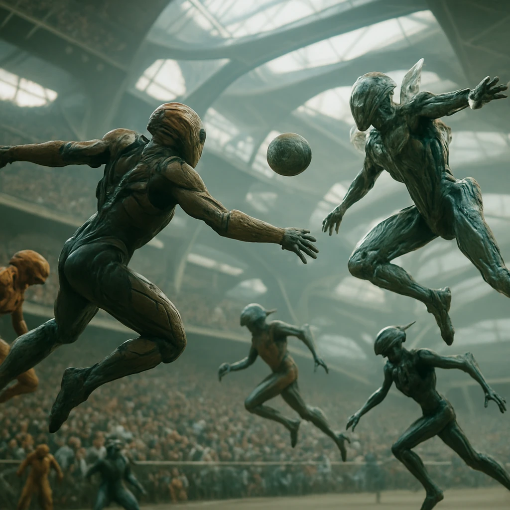 重力が反転した巨大室内競技場で、異星人選手たちが空中を舞う激しいスポーツ試合の写真。