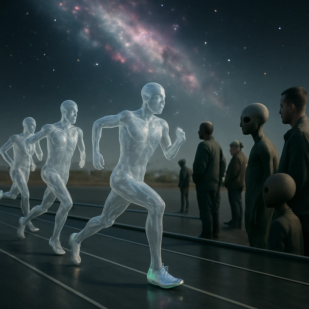 宇宙の星雲を背景に、透明感のある未来的なランナーたちが競技トラックを疾走し、一部は極薄シューズや素足で走っている様子を写した写真。