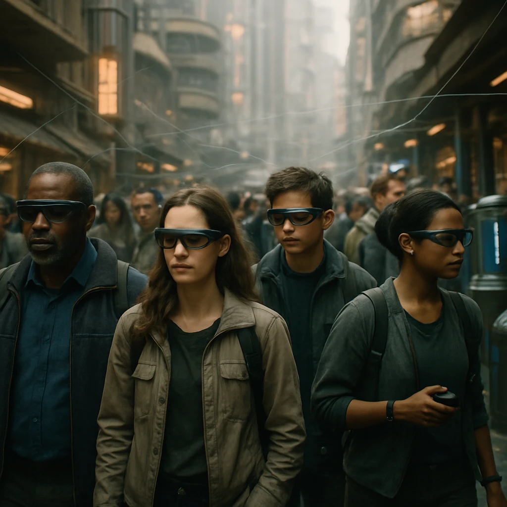 未来的な都市の路上で、人々がスマートグラスやIoT端末を身に着け、空中に量子ファイバーの光が交差している様子の写真。