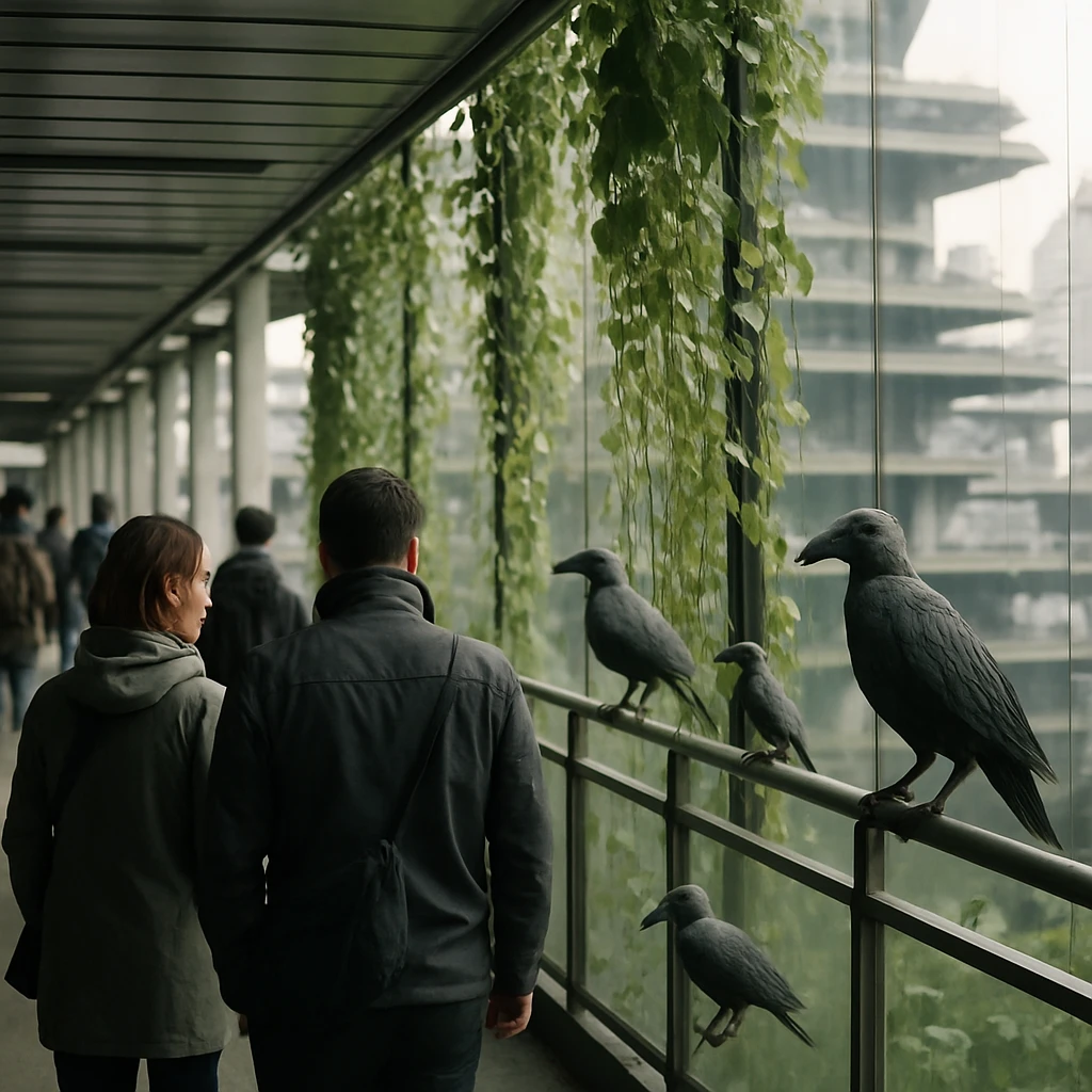 多層構造の近未来都市で、空中回廊を歩く人々と緑のカーテン、近くに鳥型知性体が止まる様子の写真。