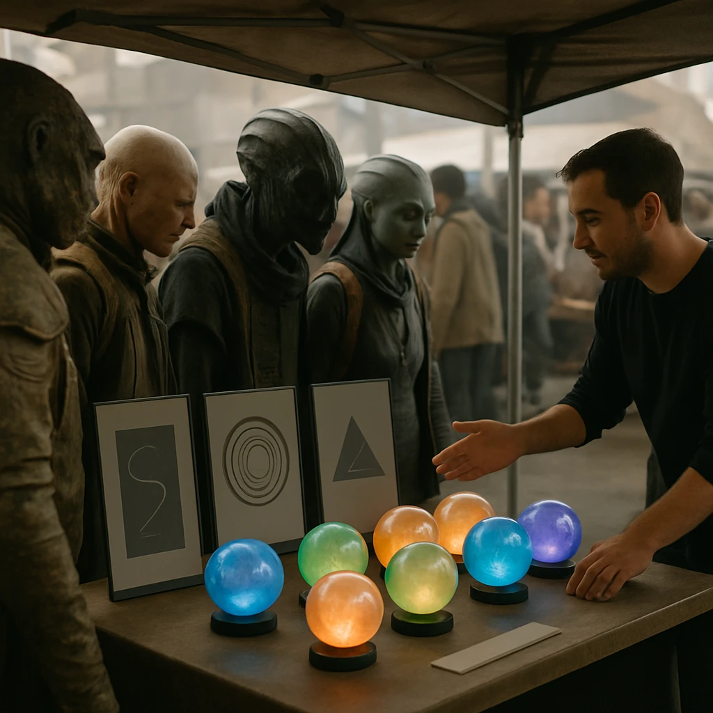 未来的な宇宙市場で、様々な種族の人々が光る球体グッズを手に取りながら列を作っている様子。