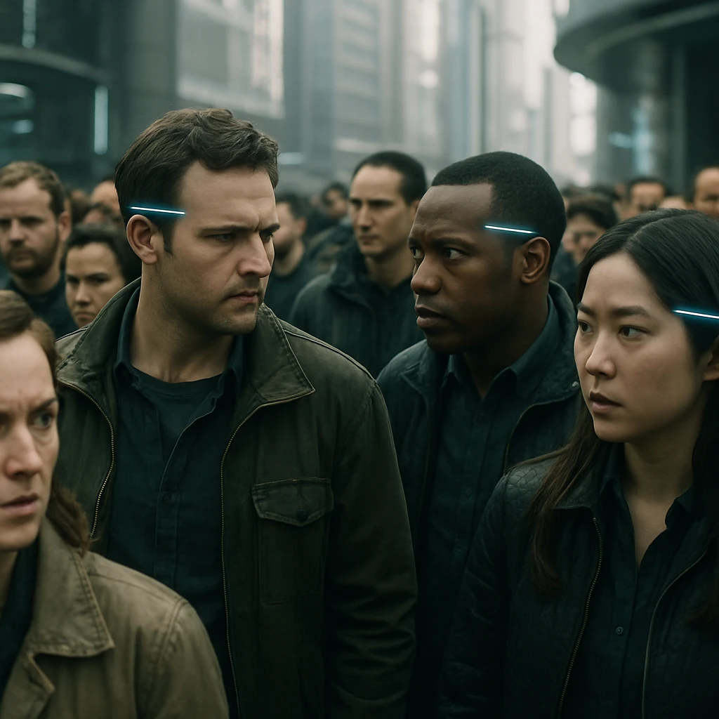 未来的な都市広場で、神経デバイスを装着した多様な人々が互いに警戒した表情を見せている群衆の写真。