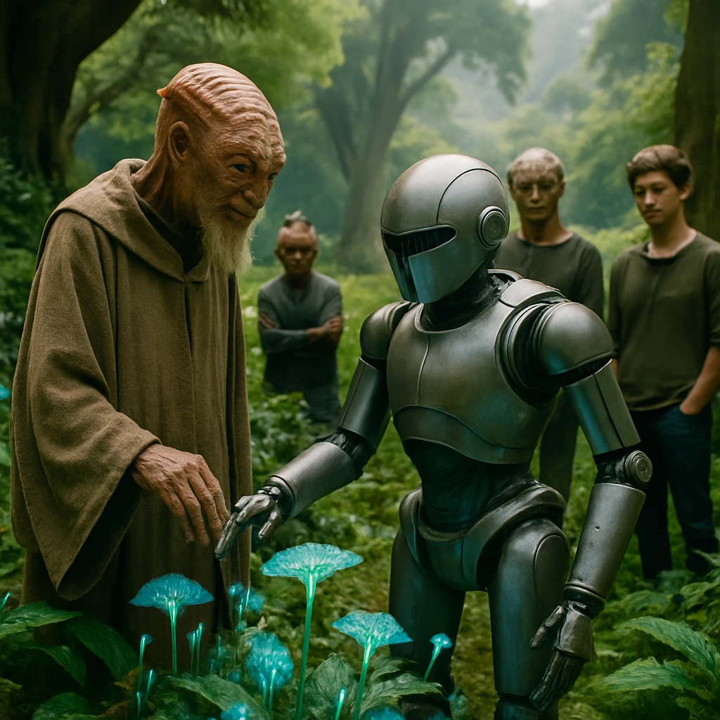 伝統衣装のユーフラン長老と庭師AIロボットが異星の植物園で共に作業し、若い見物人たちが見守る様子の現実的な写真。