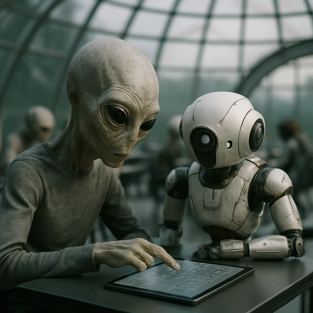 未来的なガラスドームの教室でエイリアン風の学生とAIロボットが協力してタブレット端末を見つめている様子。