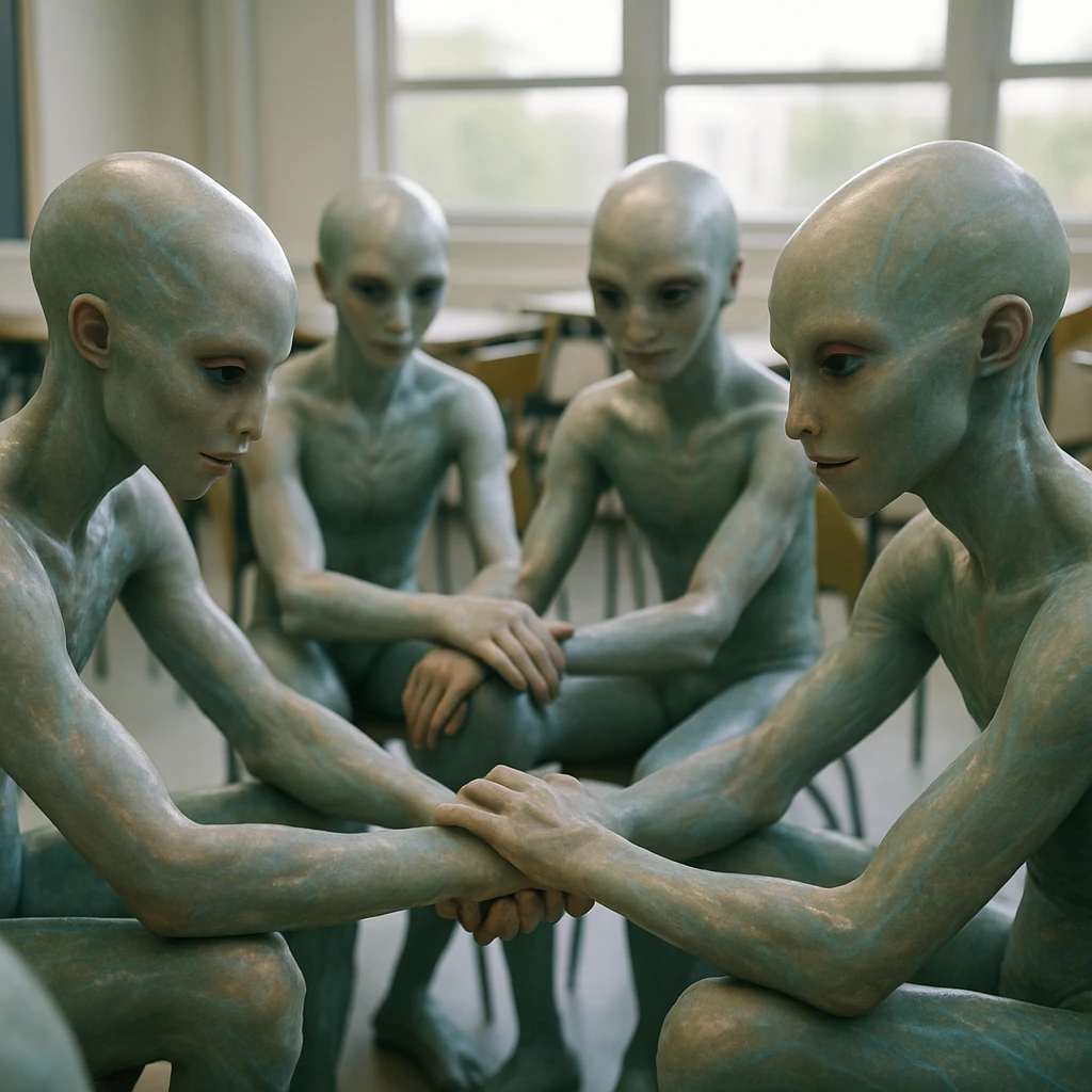 共生体の姿をしたヒヴタイドの学生たちが教室で円を描き、互いの腕に手を添えて記憶交換儀式を行っている様子。