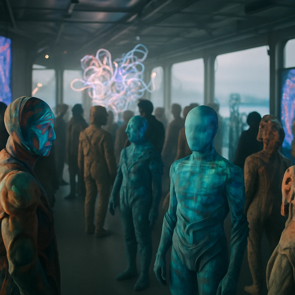 幻想的な光に包まれたコロニー内部で、多様な種族風アバターや来場者がデジタルアート作品の前に集まっている写真。
