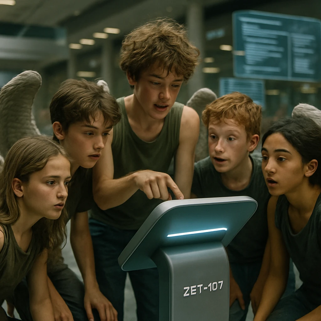 複数の翼を持つ若者たちが近未来的な広場でAI端末に集まり、政策提案のデジタル表示を見つめている写真。