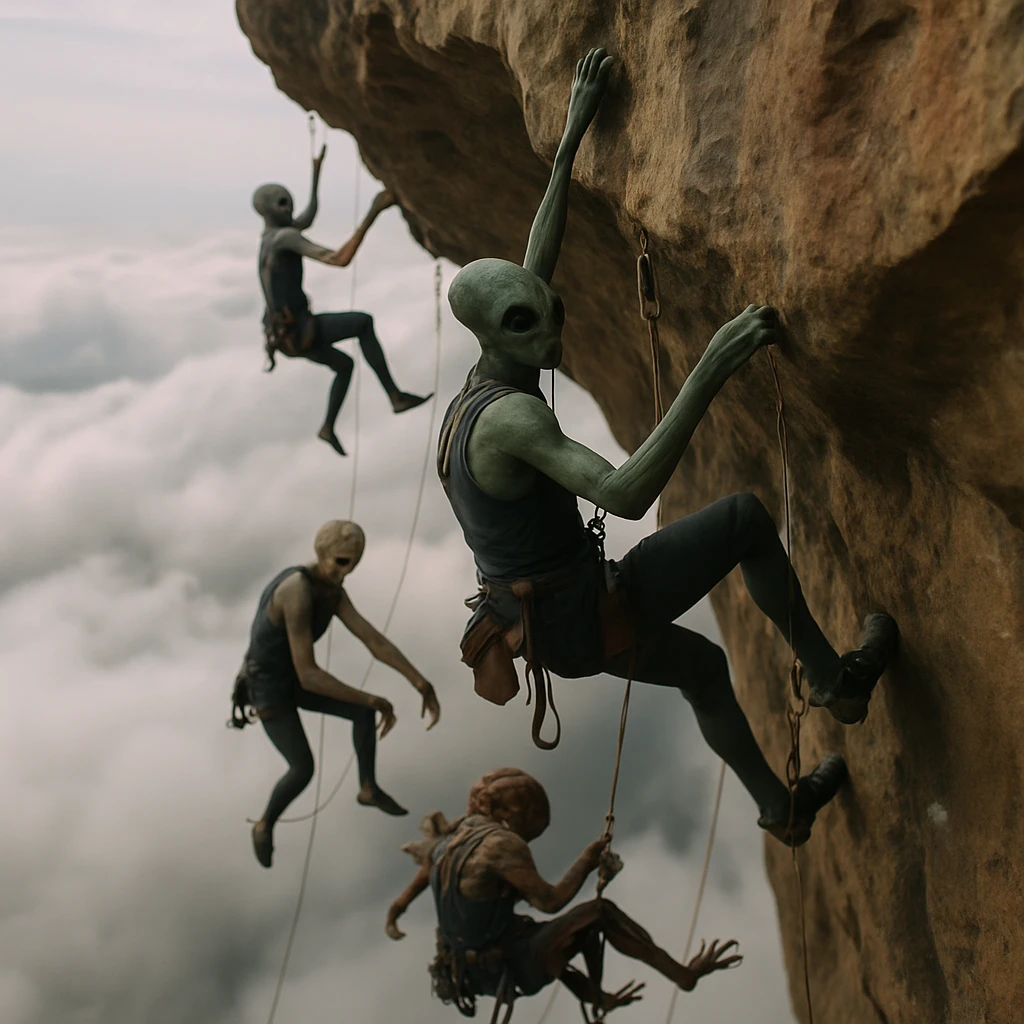 異なる種族の選手たちが巨大な浮遊断崖を空中で登攀する様子をとらえたリアルな写真風画像。