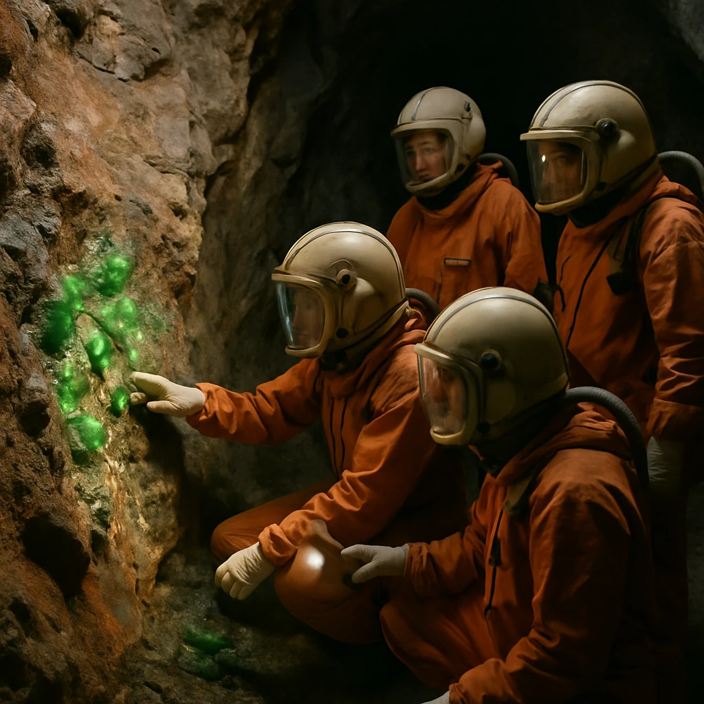 鉱物学者たちが地下鉱脈で銅鉱石に絡む翡翠や宝石鉱粒を調査している様子の写真。