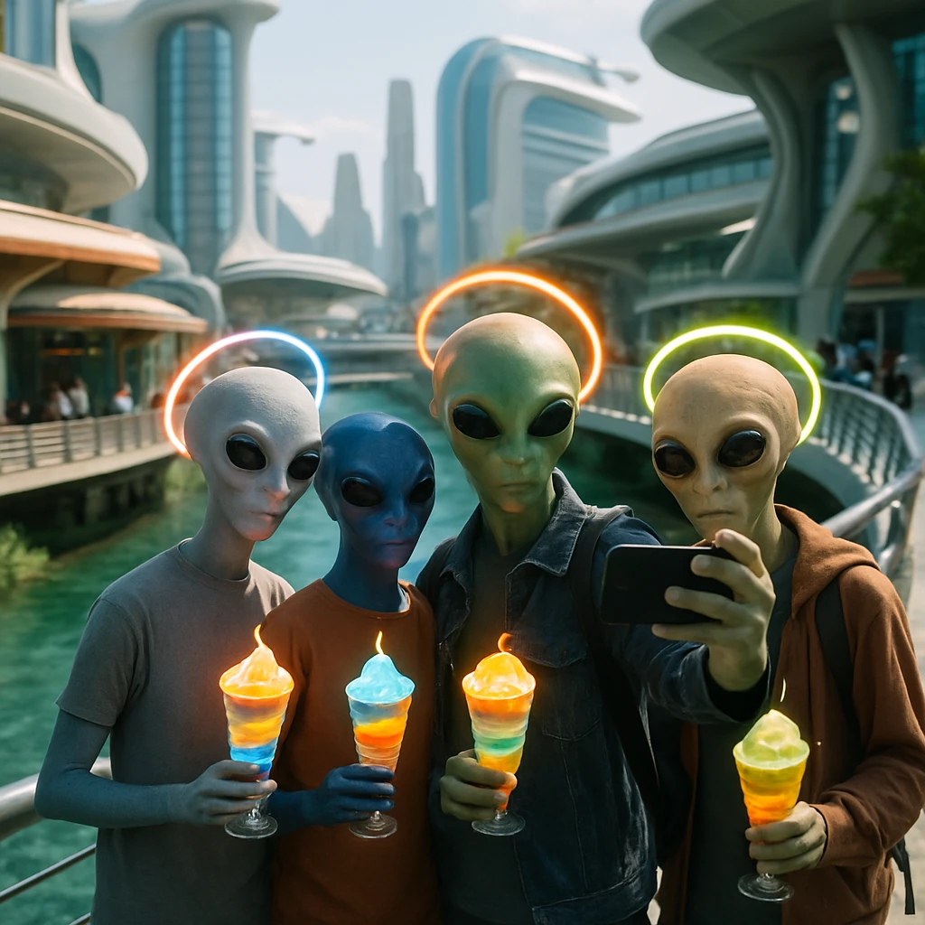 浮遊する橋の上で発光するパフェを手に自撮りを楽しむ多様な種族の若者たちと、背景に未来的な都市やレトロな喫茶、川辺のテラスが見える写真。
