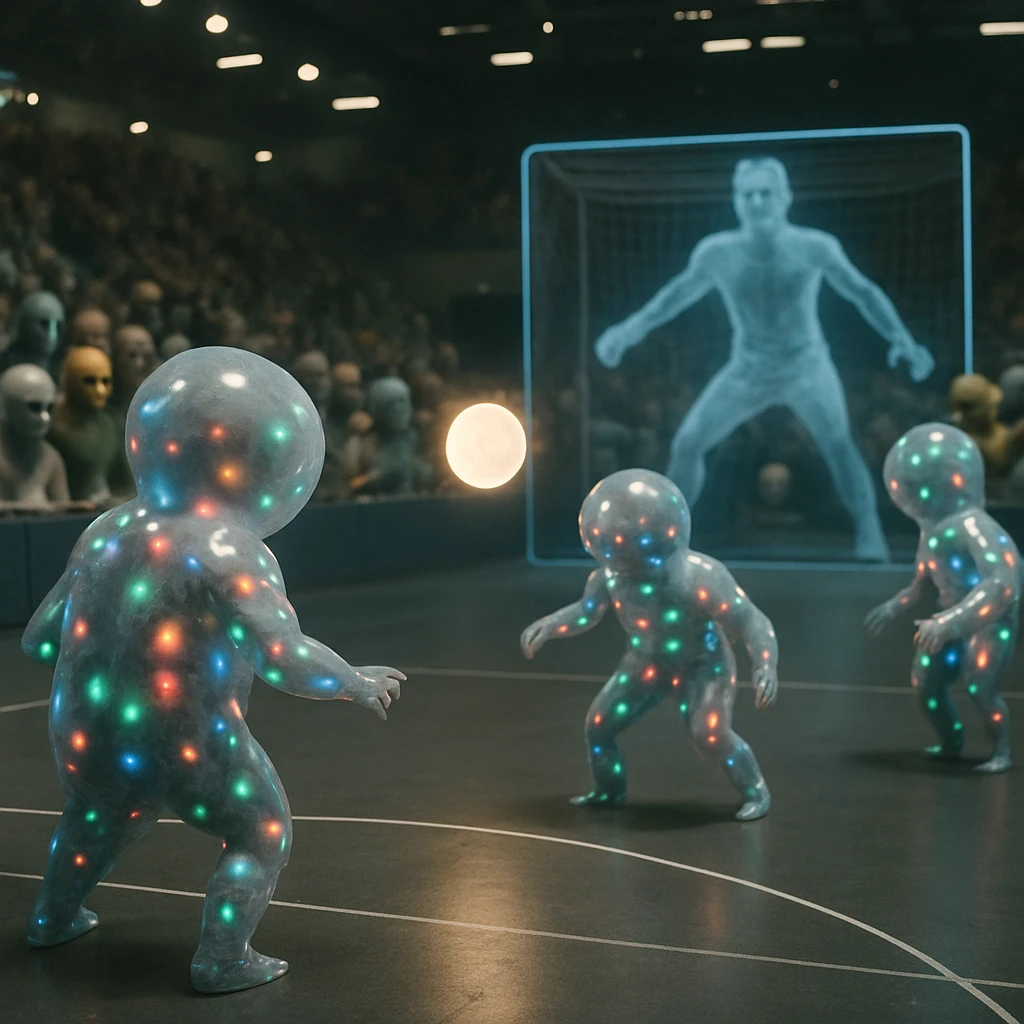 未来的な屋内スタジアムで、発光する球体知性体たちが浮遊ボールをパスし合うなか、ゴール前にはVR映像のゴールキーパーが現れている場面。