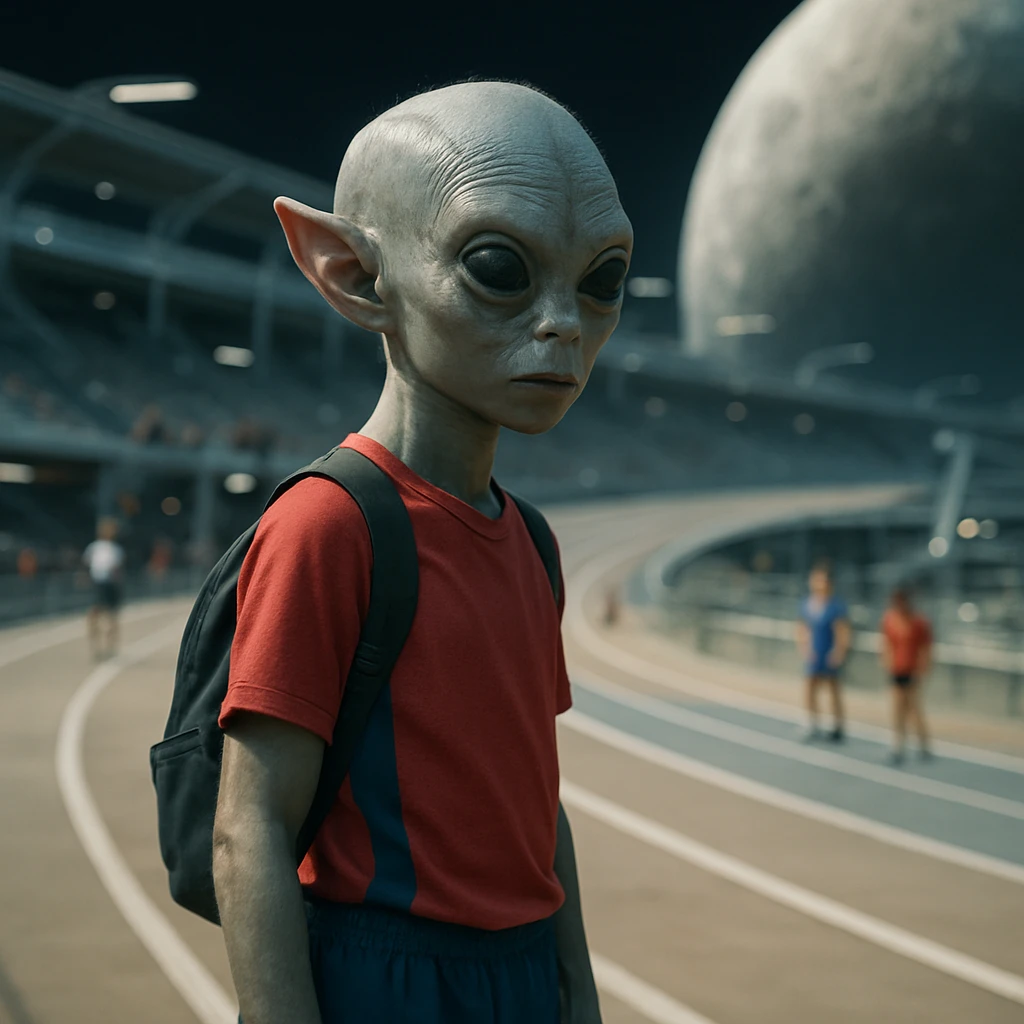 人工衛星トラック上に立つ12歳の異星人アスリートと背景に他の競技者や観客が写るリアルな写真。