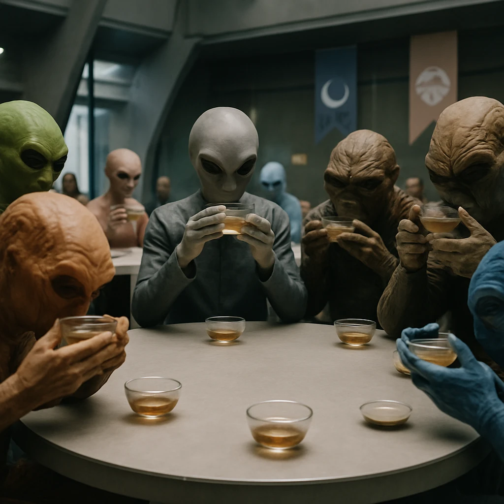 複数種の異星人が丸い会議テーブルを囲み、だしなどの調味料を試飲しながら交流している様子の実写風写真。