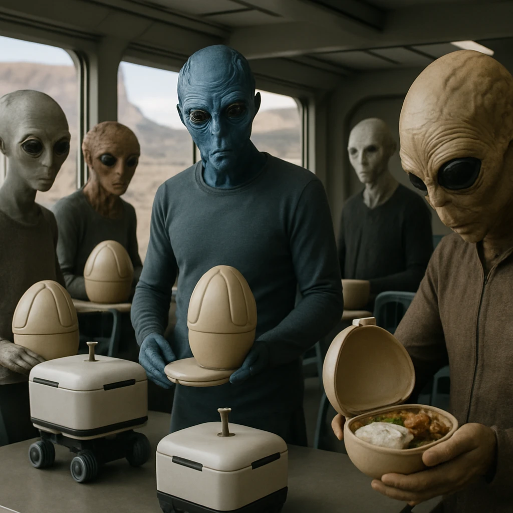 近未来的な室内で、異星人風の住人たちが自動配達された弁当型コクーンを受け取り、1人がこっそり手作り風の食事を見つめている様子。