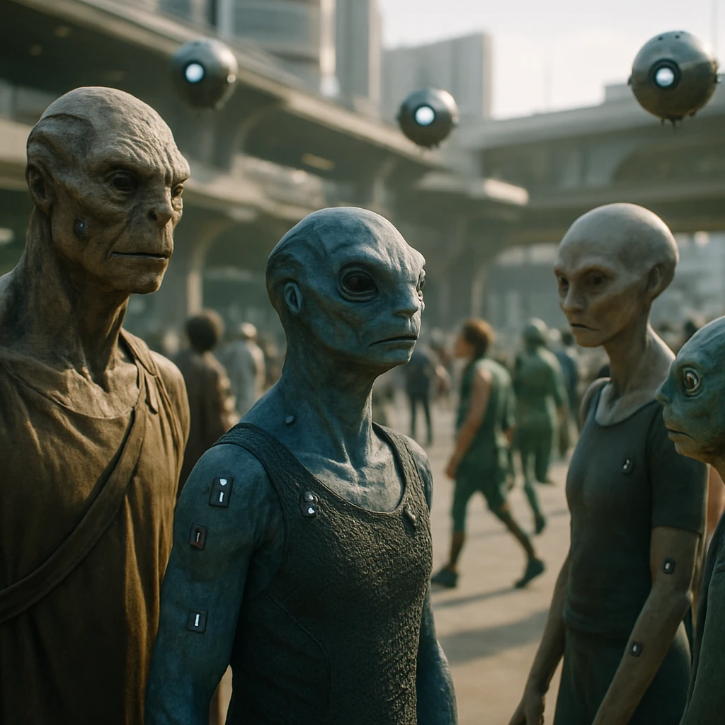 ウバレ星の多様な住民たちが体にセンサーを装着し、未来的な広場を行き交う様子が映る実写風写真。