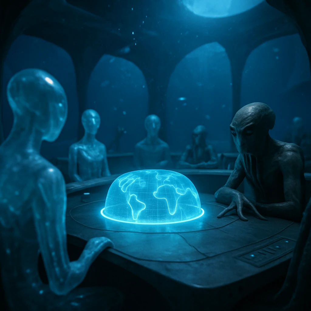 青い光に照らされた海底の評議会場で、AI水棲体や異種族の評議員たちが発光する地図を囲み議論している様子のリアルな写真。