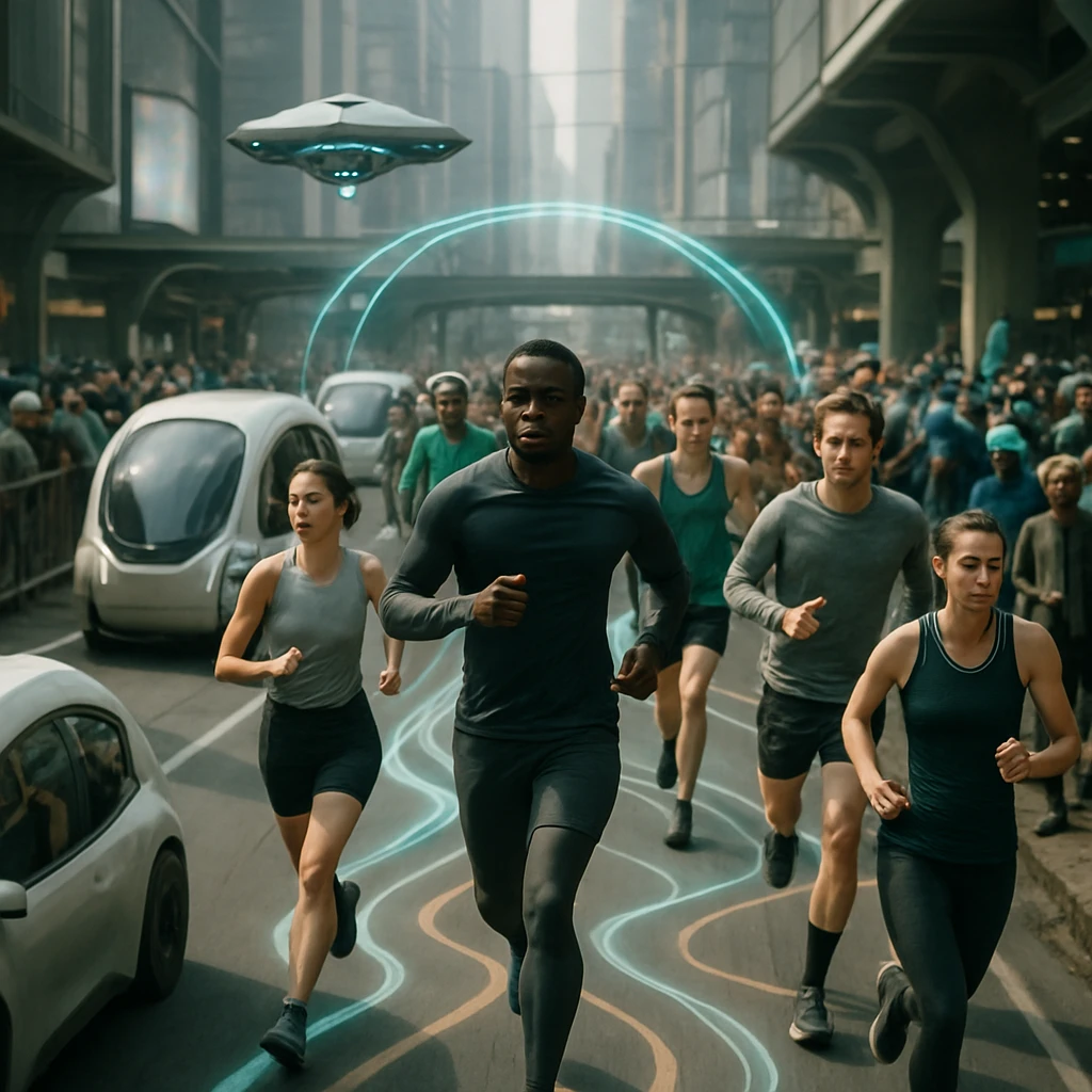 未来都市の大通りで、ランナーたちと自律型交通ポッド、空中に浮かぶドローンが共にマラソンを展開し、沿道には多様な観客が見守る様子。