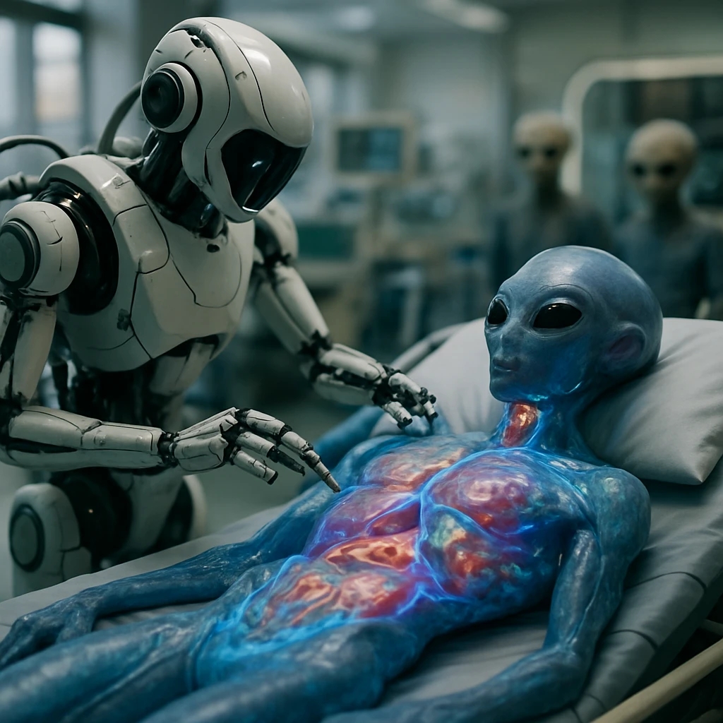 近未来的病院で透明感のある身体を持つ異星人患者に多関節ロボットが診療を行う様子の実写風写真。