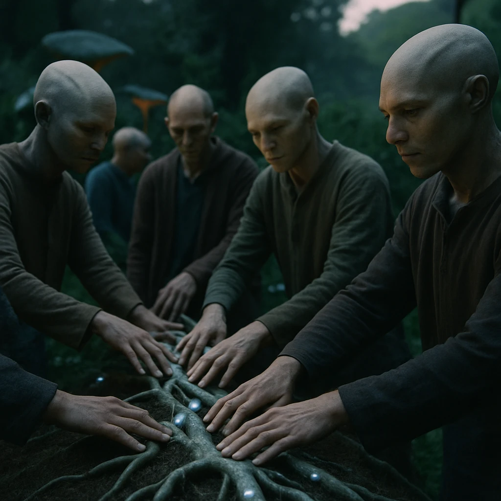 異星の森で市民たちが青白く光る根に触れながら遺伝保全活動に参加している様子の写真。