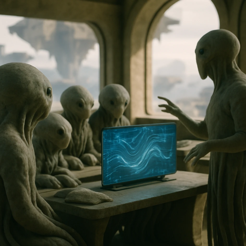 未来的な浮遊大陸でワニール族の知性体たちがホログラムデータを囲みディスカッションしている様子の写真。