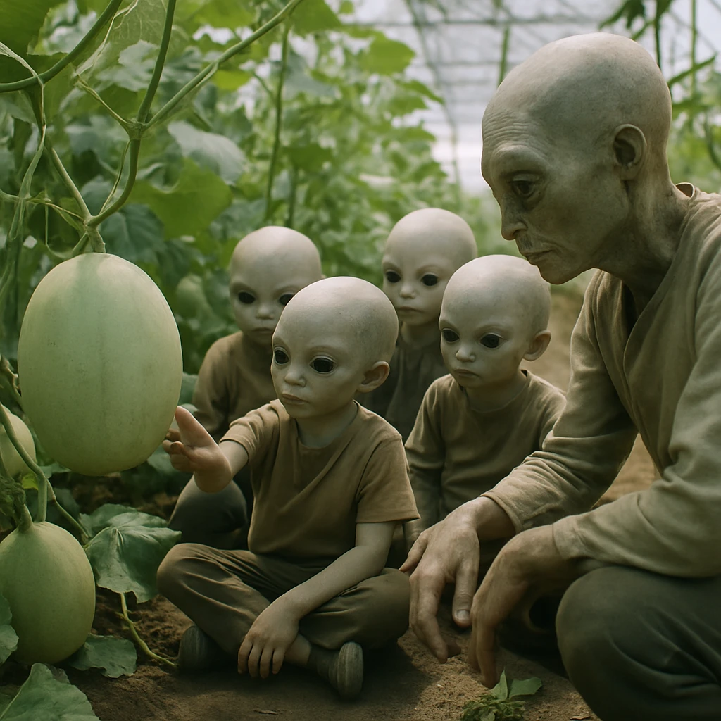 温室の中で大型の透明なメロンに触れながら、指導者とともに学ぶカノア種族の子どもたちを写した写真。