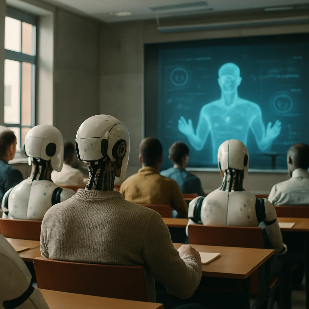 未来的な講義室で多様なヒューマノイドの学生たちがホログラムAI講師を見つめる様子の写真。