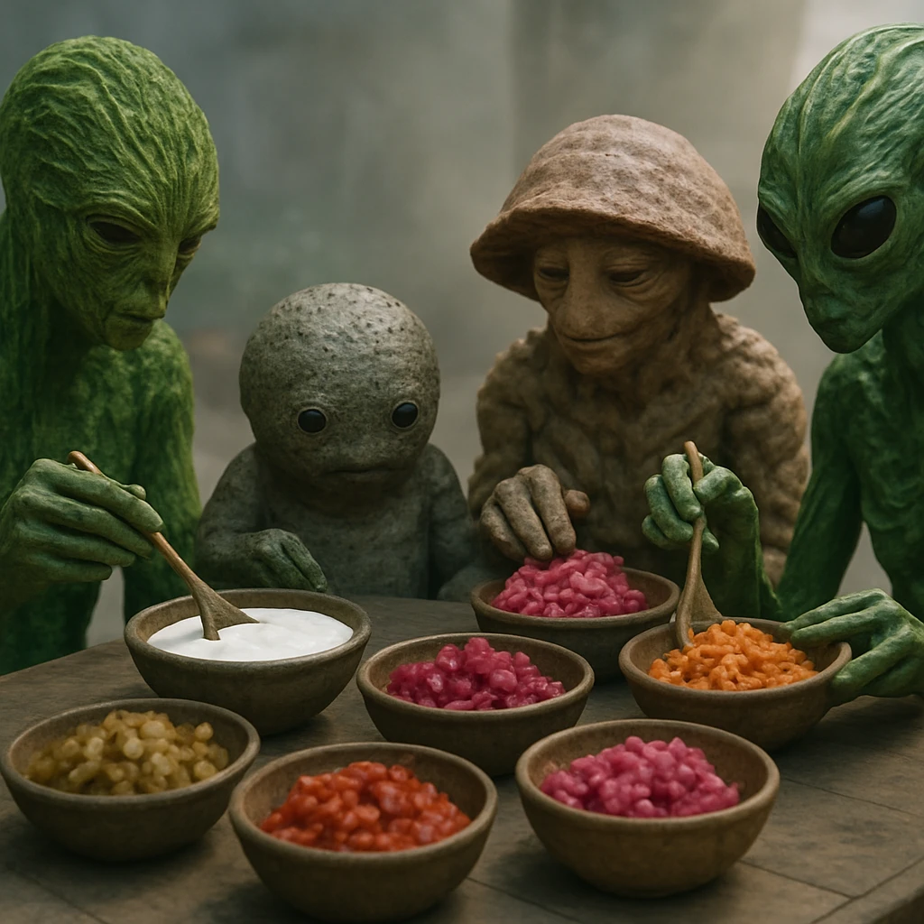 異星の食卓で多様な生命体が発酵食品を分け合いながら囲む様子の写真。