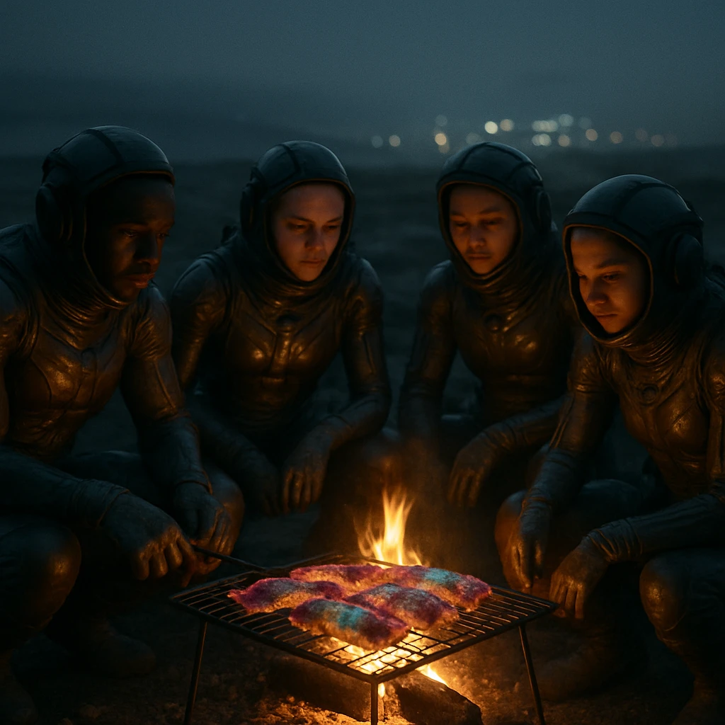 宇宙服のようなスーツを着た市民が暗い大地で焚き火を囲み、発光する肉をバーベキューしている写真。
