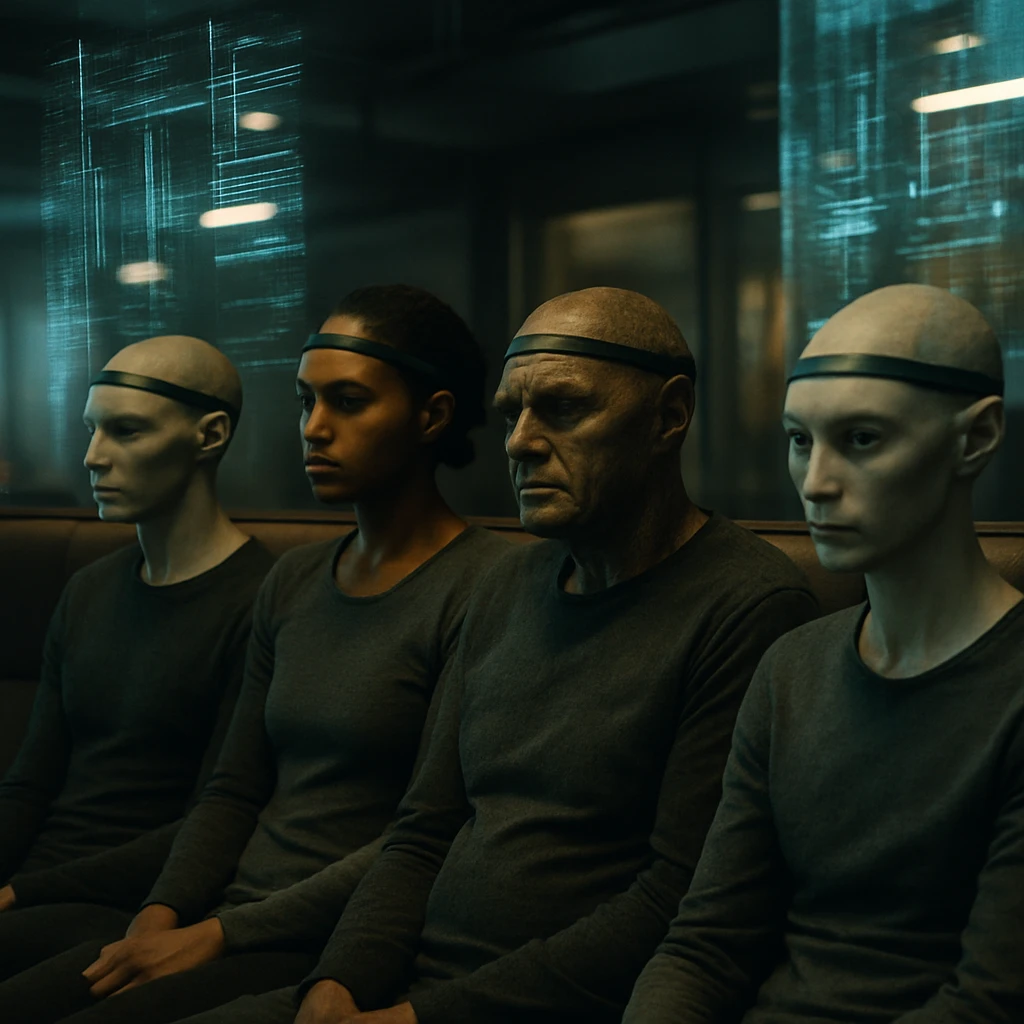 未来的なラウンジで神経インターフェースを装着した多様な住民が無表情で座り、浮かぶホログラムに囲まれている様子。