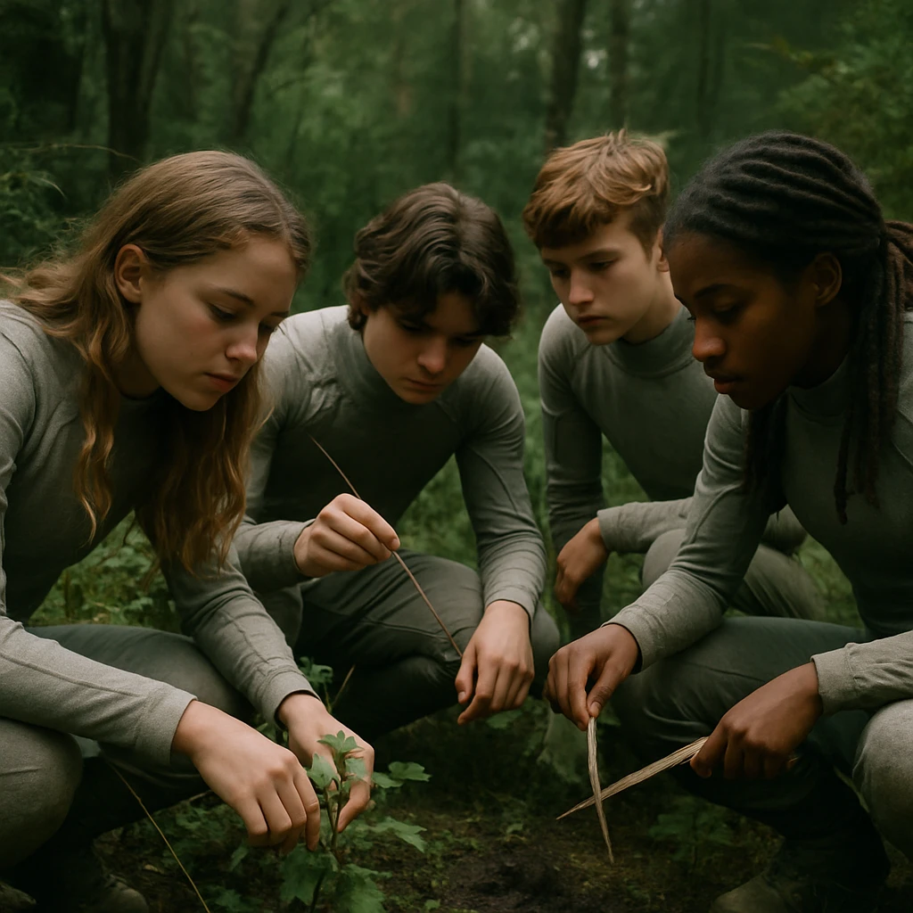 未来的な生地の服を着た若者たちが、手作りの道具で森の中の植物や土壌を観察している様子の写真。
