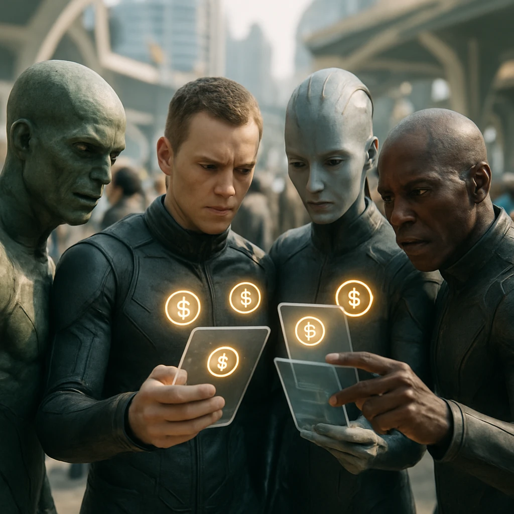 未来的な都市空間で様々な種族の人々がホログラム端末を操作し、デジタル通貨をやり取りしている場面の実写風写真。