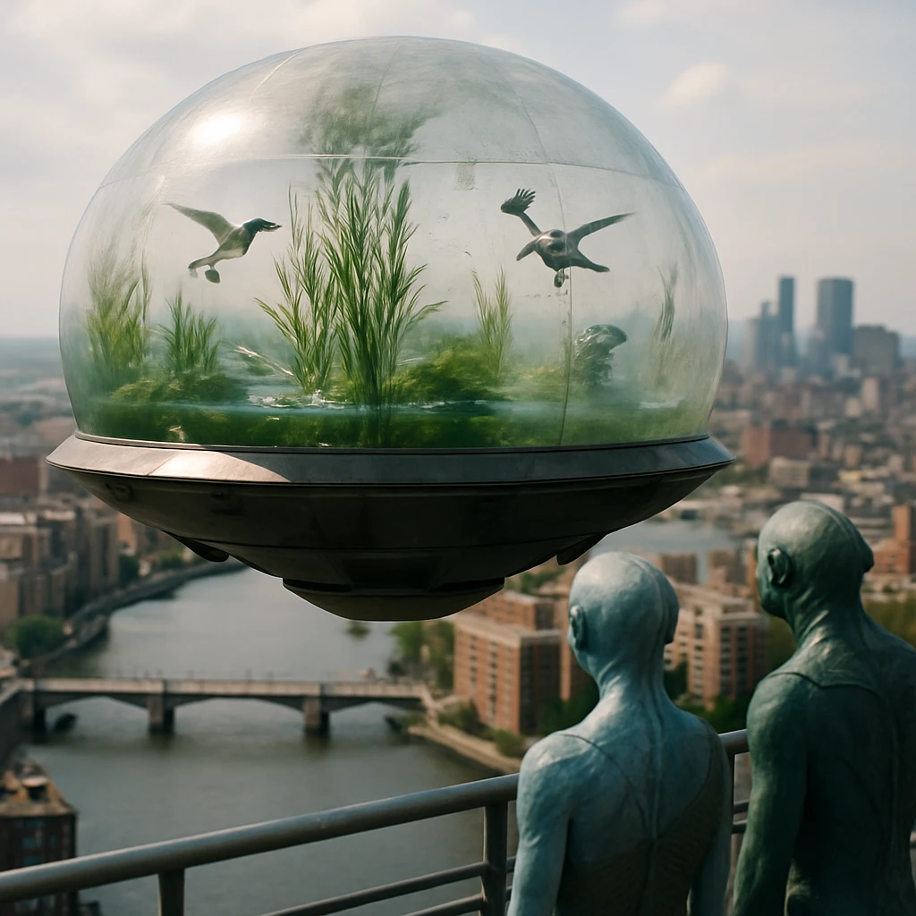 近未来的な都市上空に浮かぶ半透明ドーム型公園と、展望デッキから眺める水棲型の住民たちの様子。