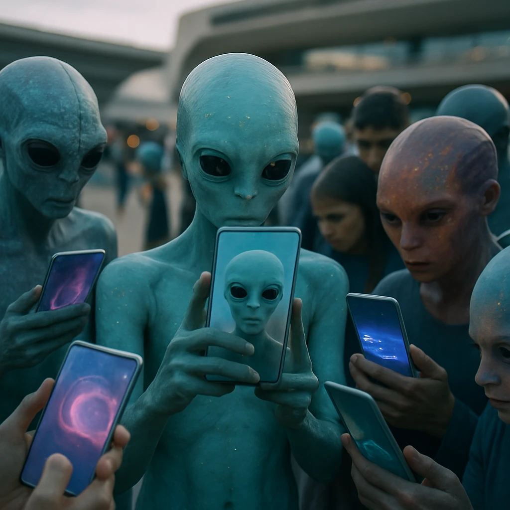 未来的な広場でショート動画を視聴・撮影する複数の異星人が集まる様子の写真。