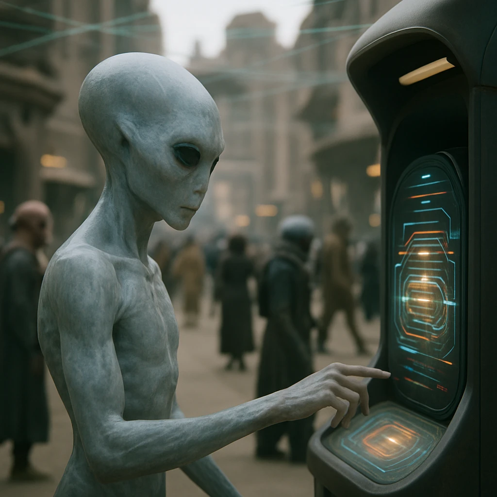 異星の都市広場で、多層インターフェースに触れる半透明の知的生命体とデータの光流が見える場面。