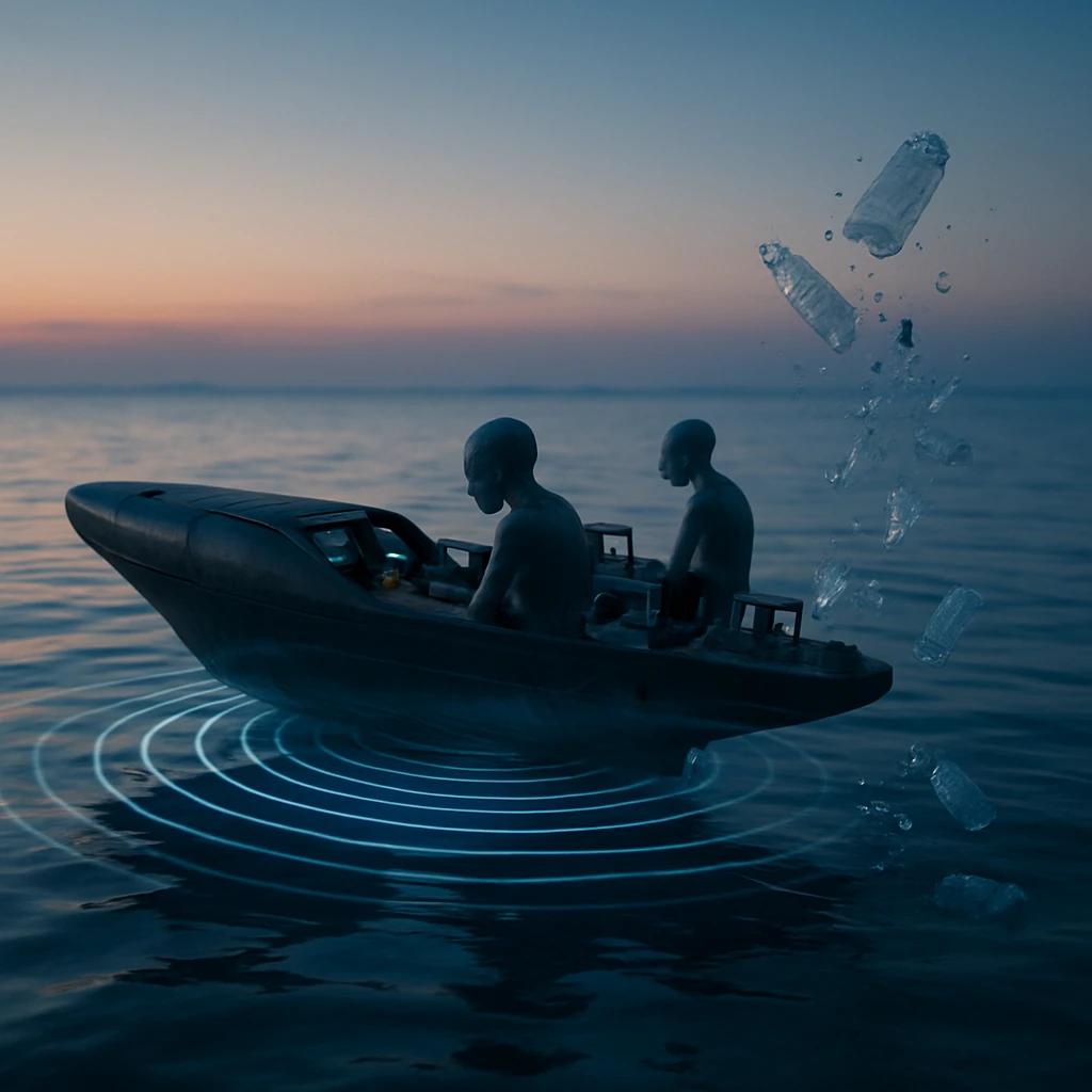 青い海上を進む未来的な船から音波が放射され、周囲のペットボトル片が分解されている様子の写真。