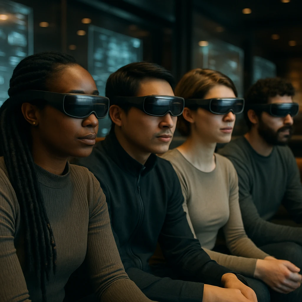 未来的なラウンジでヘッドセットを装着し、仄暗い空間で没入体験をしている複数の人々の写真。