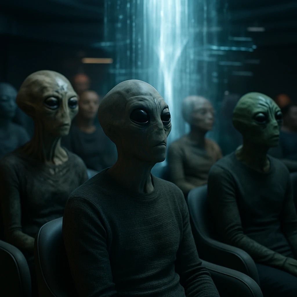 未来的なラウンジで多様な種族の人々が中央のホログラフィック映像を静かに見つめ、淡い光に顔が照らされている写真です。