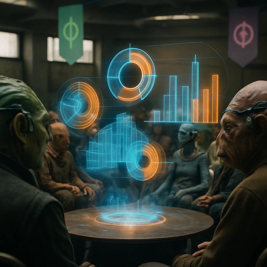 未来的な議会室で多種族の住民たちが円状に座り、脳内インターフェース端末を装着して鮮やかなホログラム会議に参加している様子。