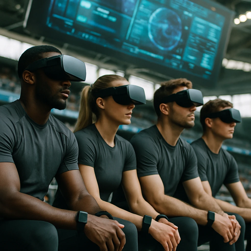 未来的な競技場でVRゴーグルとスマートウォッチを装着したアスリートたちが座り、上方に巨大なホログラムのスコアボードが映し出されている様子。