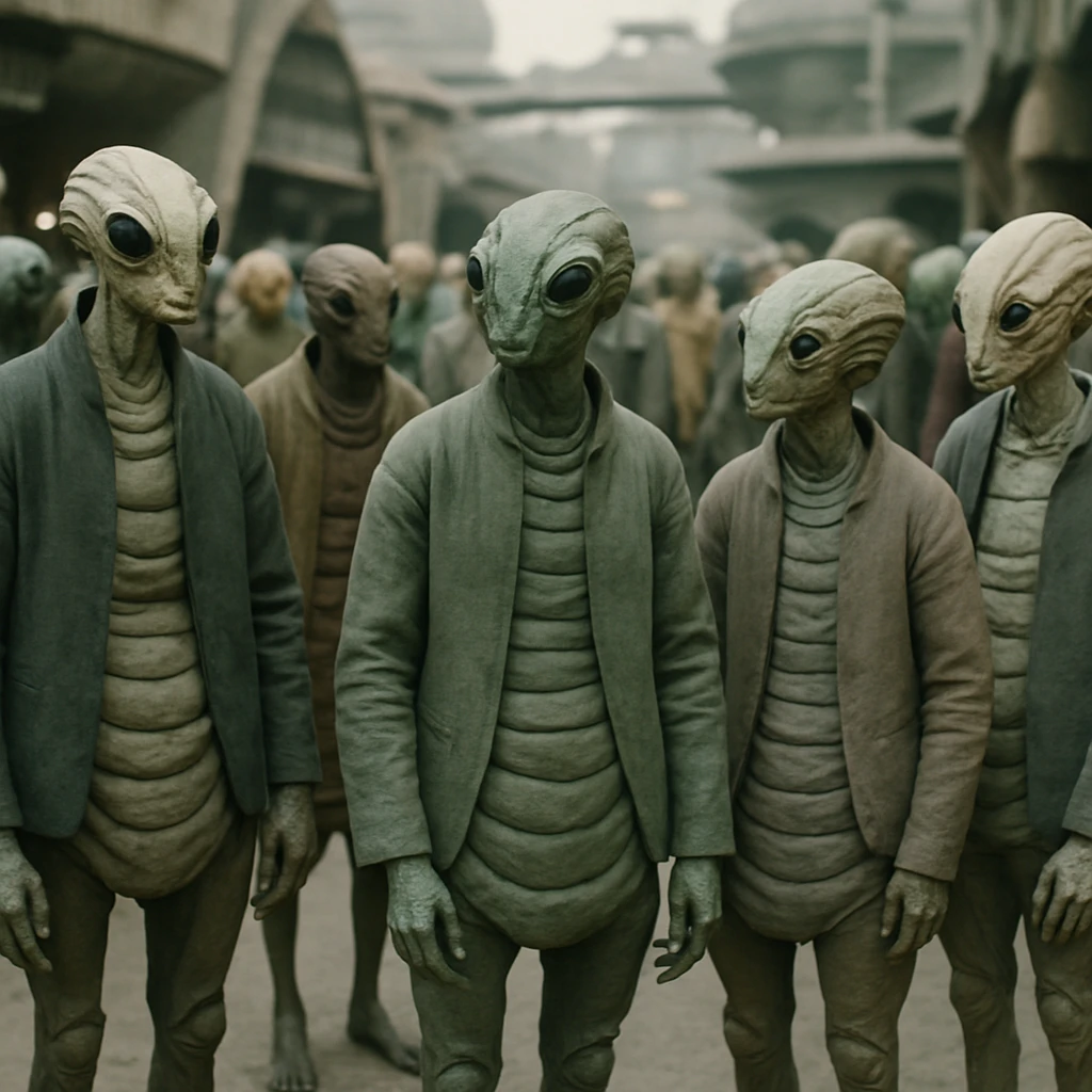 多関節の異星人たちがコクーン型のジェンダーレス服を着て都心広場に集まっている写真。