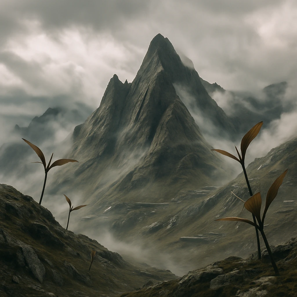 風が強く吹きつける異星の山脈に、奇妙な羽を持つ植生と人工的な構造物が点在する光景。