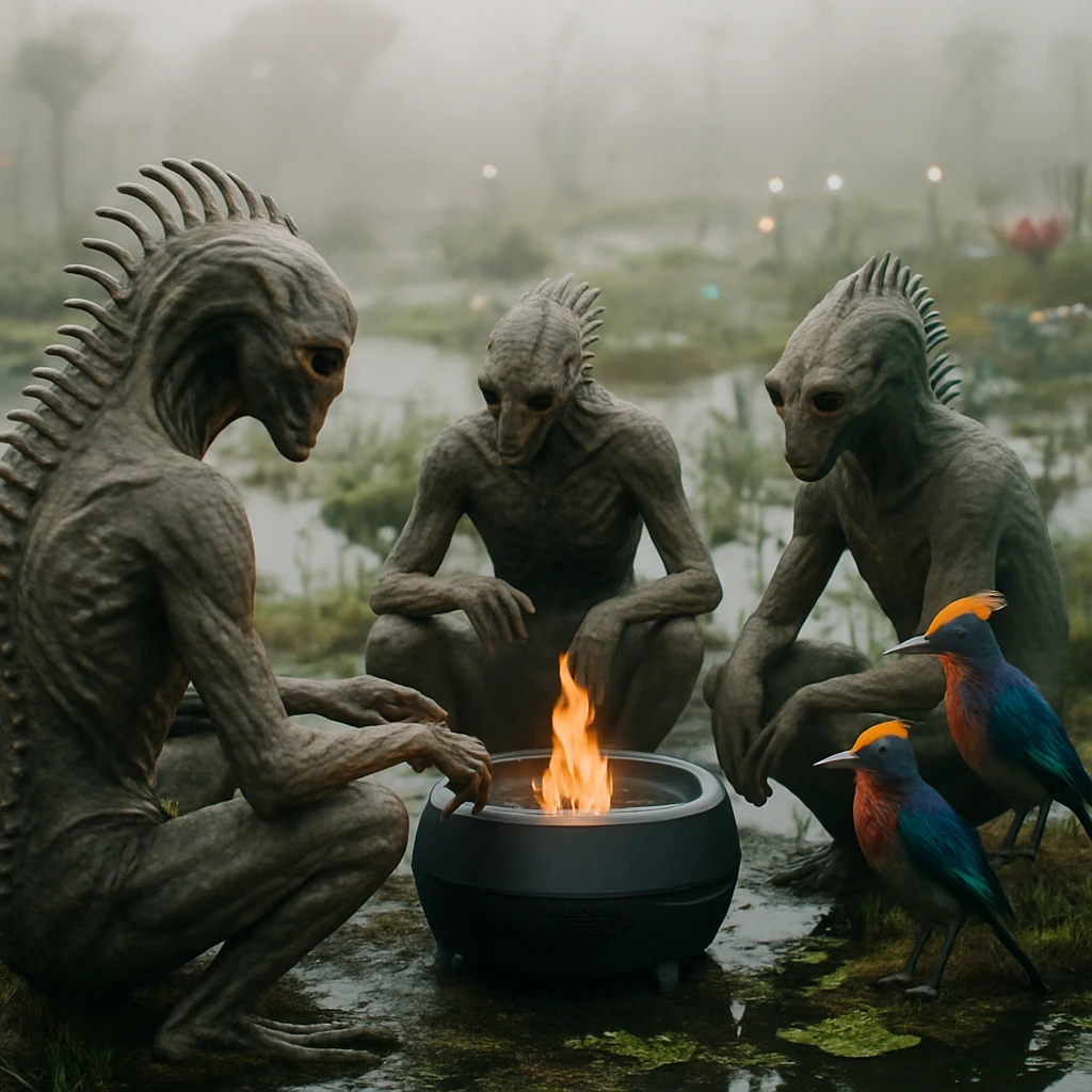 ルニバール湿原でメガリス種族が新型調理器を囲み、近くに野鳥が佇む様子の写真。