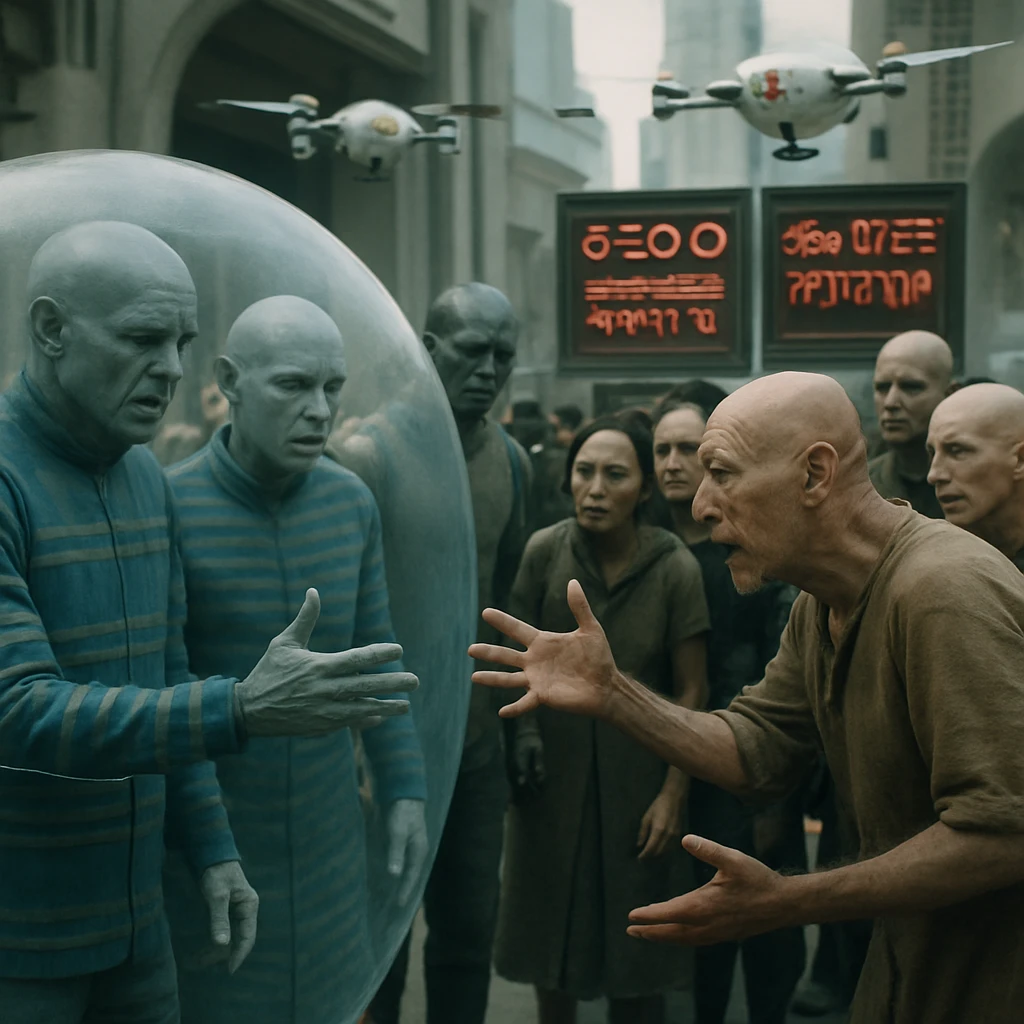 未来的な都市広場で、個人防護具を身につけたグループとそれを着用しないグループが対立している様子が写された写真。