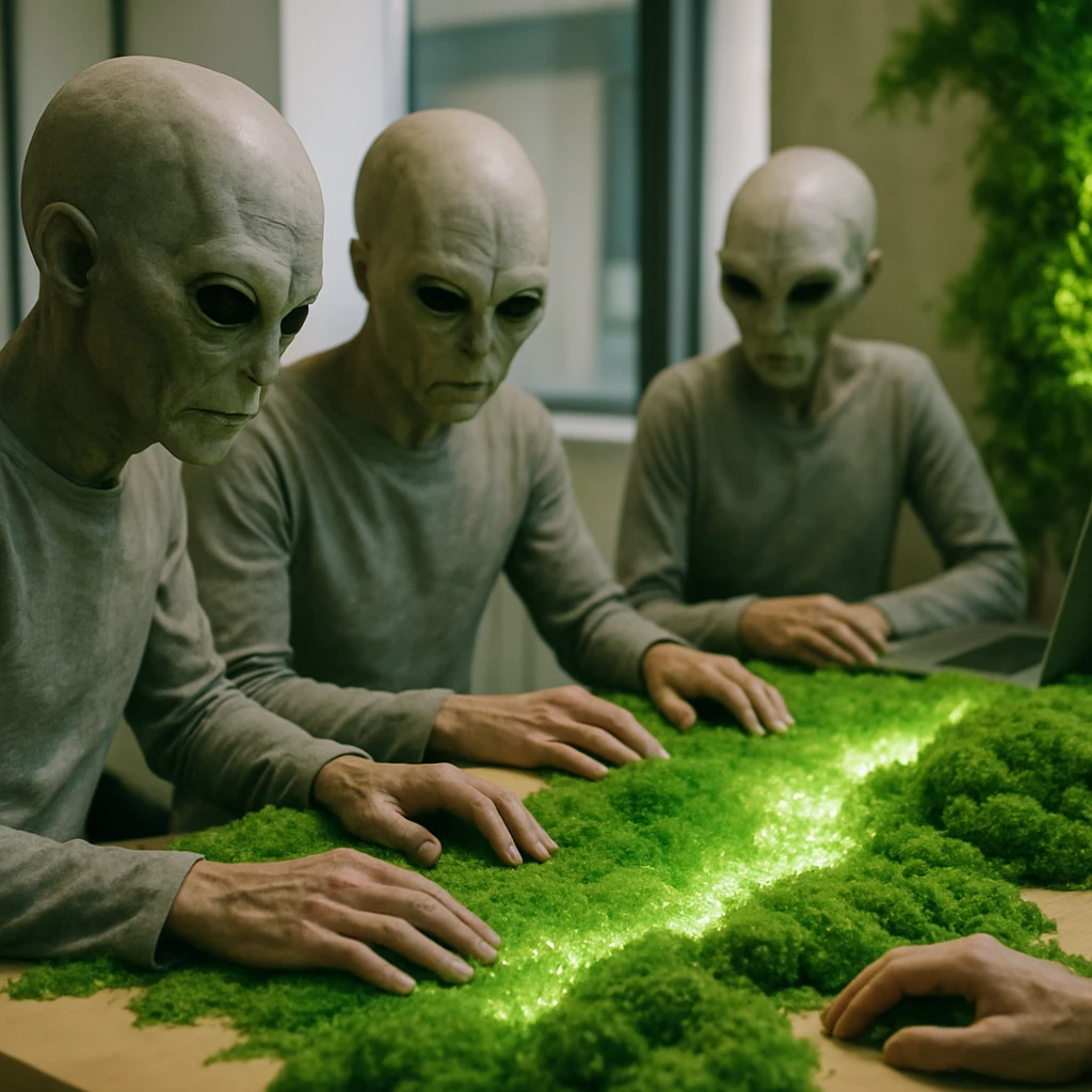 職場のデスクや壁に広がる緑色の苔のそばで、エイリアン風の労働者たちが穏やかに作業している様子のリアルな写真。