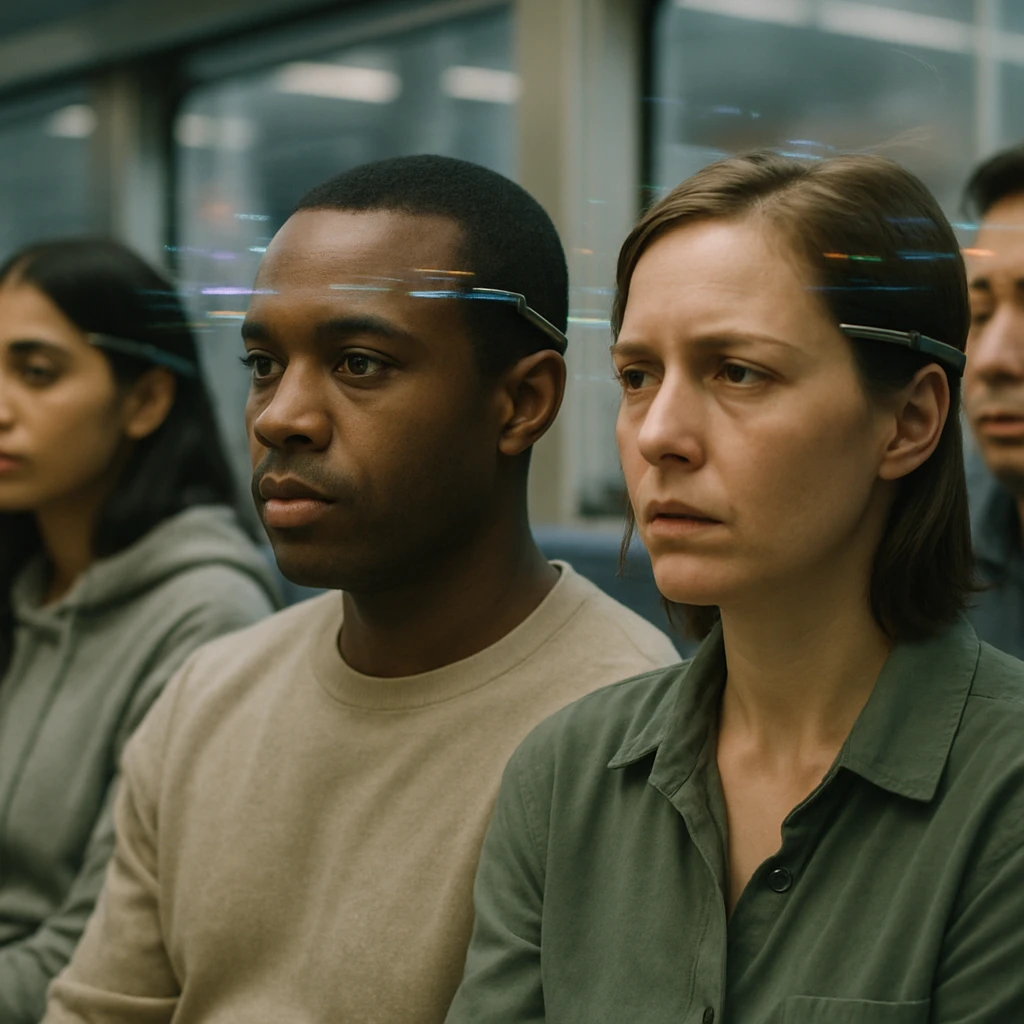 未来的な公共空間で神経装置を装着し、ぼんやりとした表情を浮かべる複数の市民たちの実写風写真。