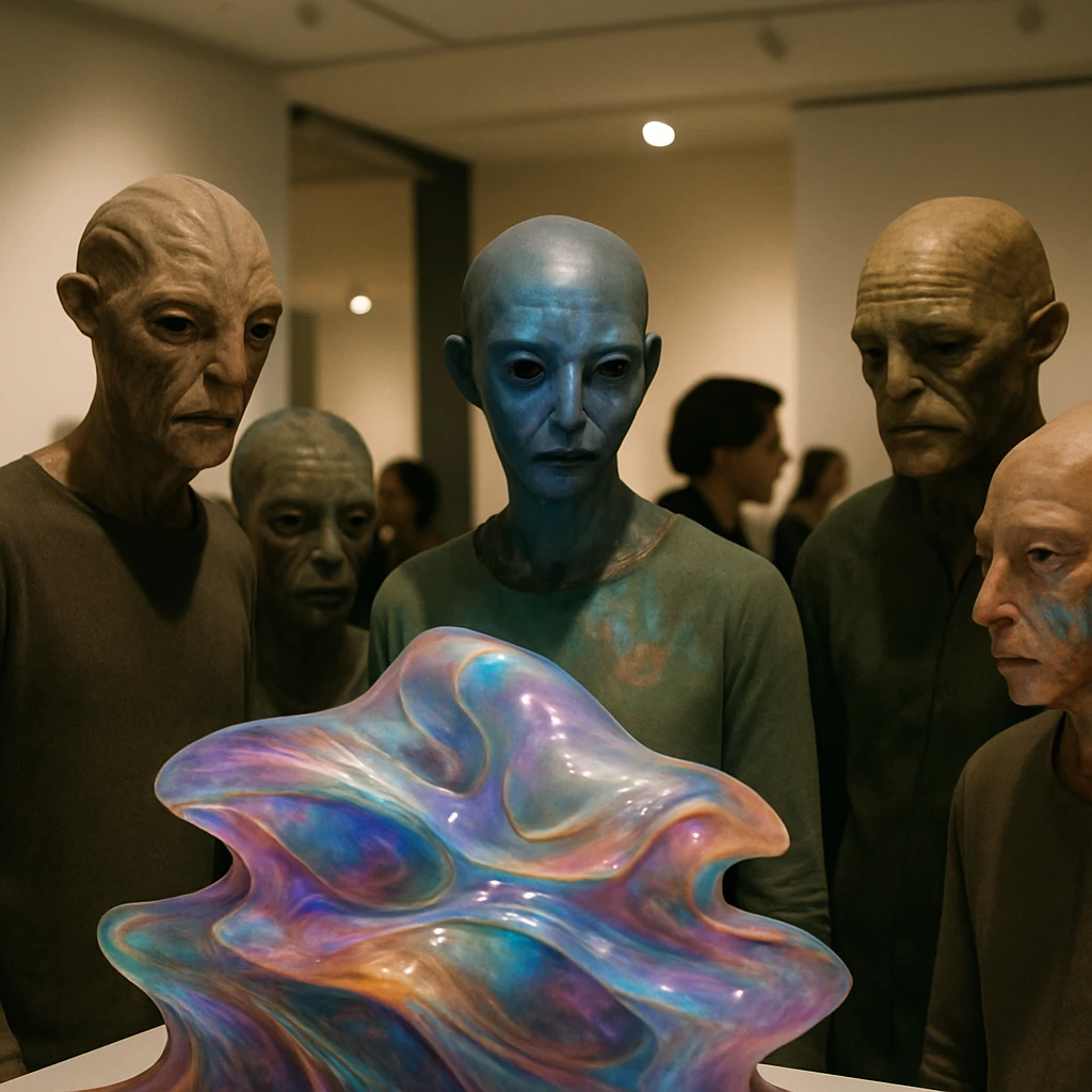 未来的な美術館で非地球型知性体が光る有機的アート作品を囲んで鑑賞している写真。