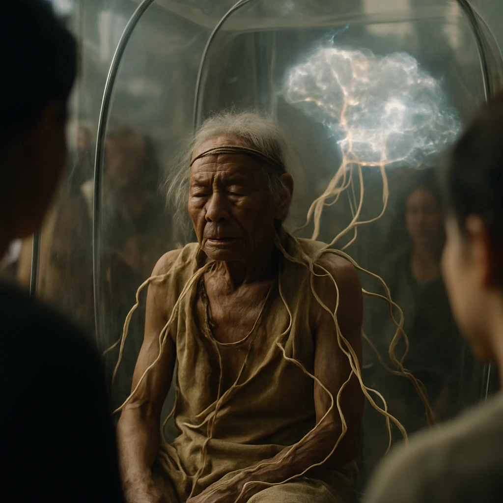 透明な部屋で発光するクラウド状の装置につながれた半流体状の高齢エルクナ族が穏やかに座る様子。