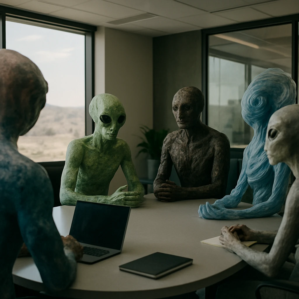 多様な外見を持つ異種族の労働者たちが先進的な会議室で意見を交わしている様子。