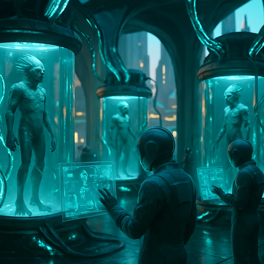 透明な大型水槽に多様な水棲型生命体が漂い、科学者たちがバイオ技術装置を操作している未来的な施設の様子。