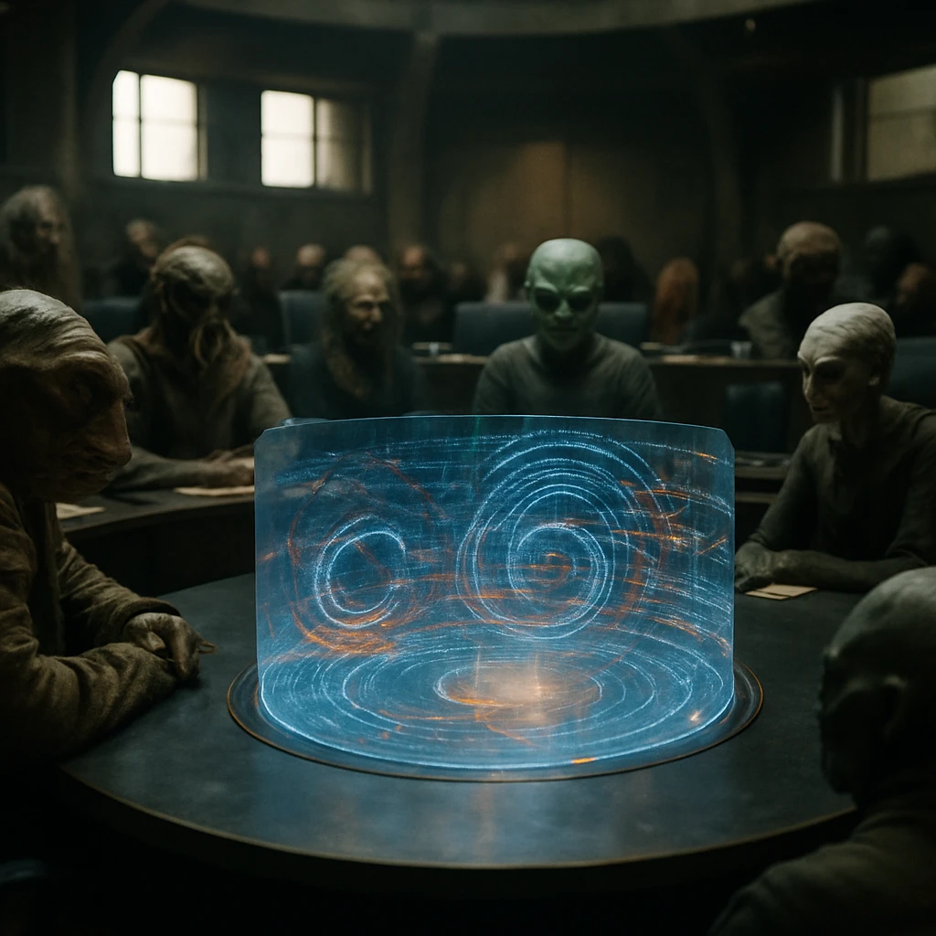 複数の異星人評議員が中枢ホログラム投影を囲んで議論するリアルな会議室の様子。